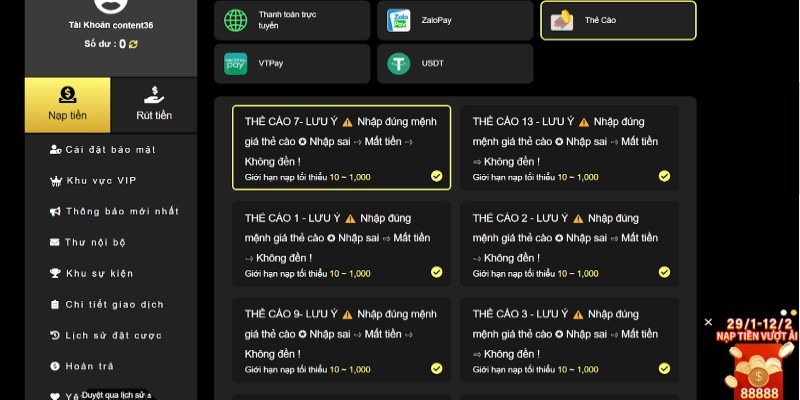 Các phương thưc nạp tiền tại hubet